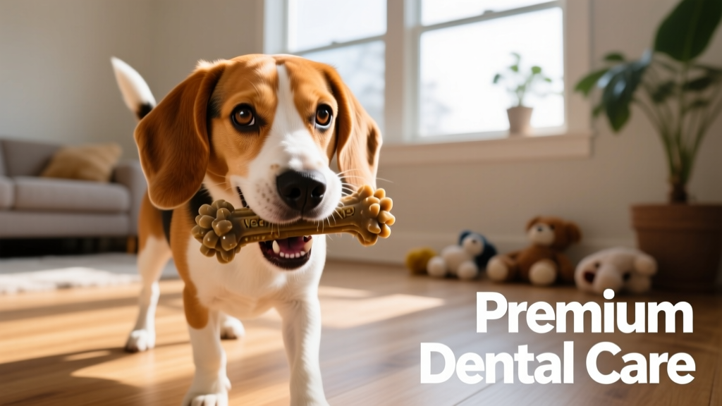 A curious beagle happily chewing on a durable, vet-recommended chew toy