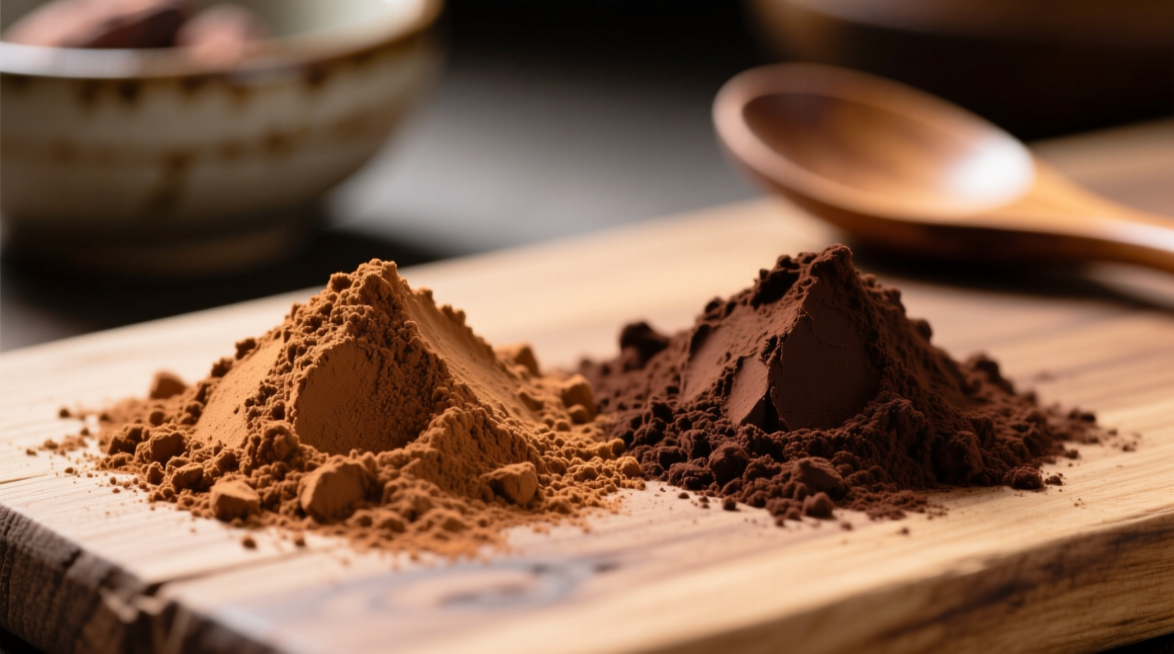 Close-up of carob powder next to cocoa powder