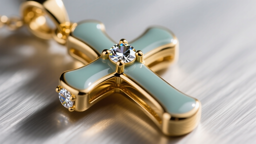 Extreme close-up of cold enamel resin on a gold-plated cross pendant, showing the smooth meniscus and prong-set synthetic stones.