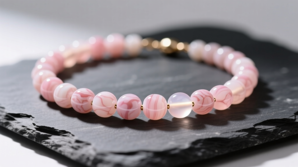 Macro photography of an angel skin coral bead necklace draped over dark slate, highlighting pale pink mottling and waxy luster.