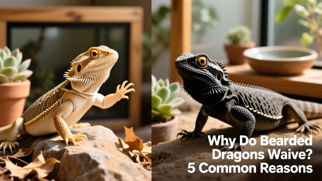 Side-by-side comparison: relaxed bearded dragon waving calmly vs. stressed dragon with flattened posture and darkened beard