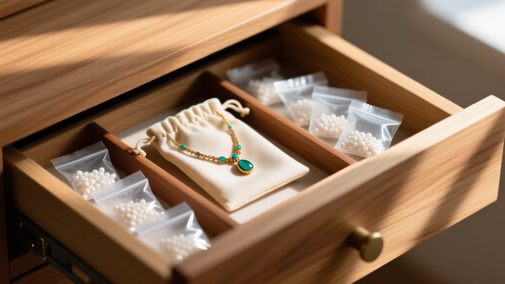Replica necklace stored inside an anti-tarnish cloth pouch with silica gel packets in a neatly organized wooden jewelry drawer.