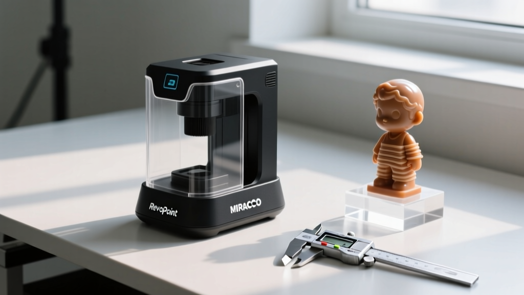 Close-up of the Revopoint MIRACO standalone 3D scanner resting on a workbench next to a digital caliper and a partially scanned resin figurine.