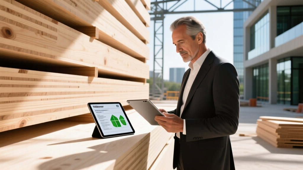 Architect reviewing digital EPD data on a tablet beside stacked cross-laminated timber panels at a modern construction site.