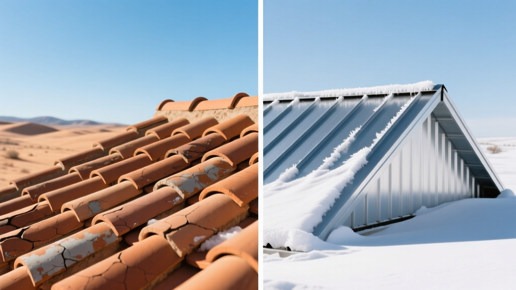 Split-screen render showing a clay tile roof in a sunny desert contrasting with a standing seam metal roof covered in fresh snow