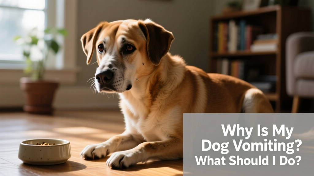 Close-up of a dog looking uncomfortable with a slightly hunched posture, near an empty food bowl