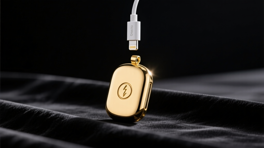 Gold-plated smart panic pendant resting on dark velvet, with a magnetic charging cable hovering nearby under soft studio light
