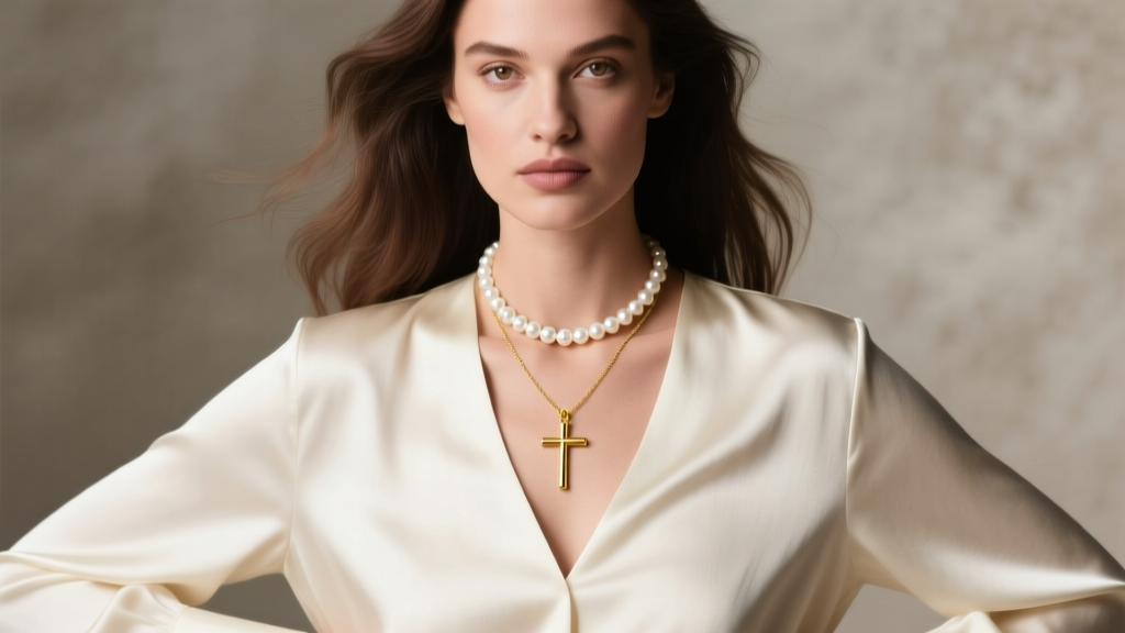 Fashion portrait of a woman layering a 16-inch pearl choker and an 18-inch gold cross pendant necklace over a cream silk blouse