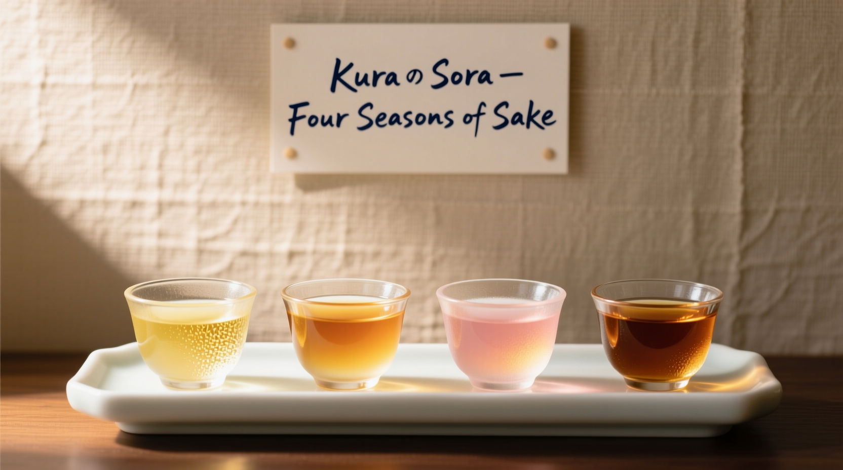 Sake tasting flight showing different color variations