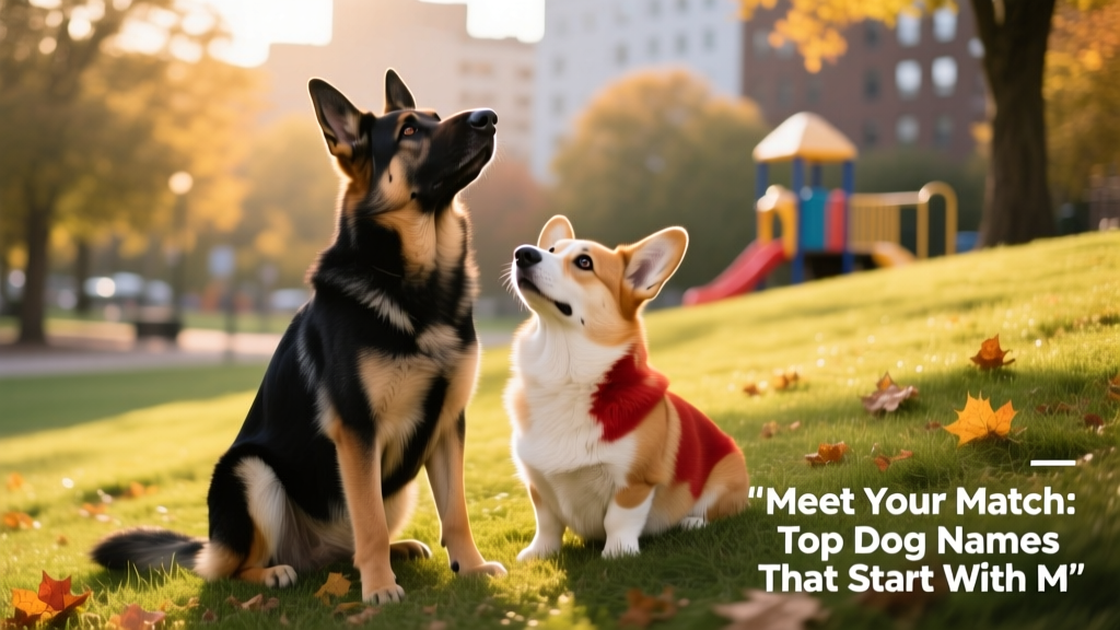 a German Shepherd and Corgi sitting together in a park, gazing upward