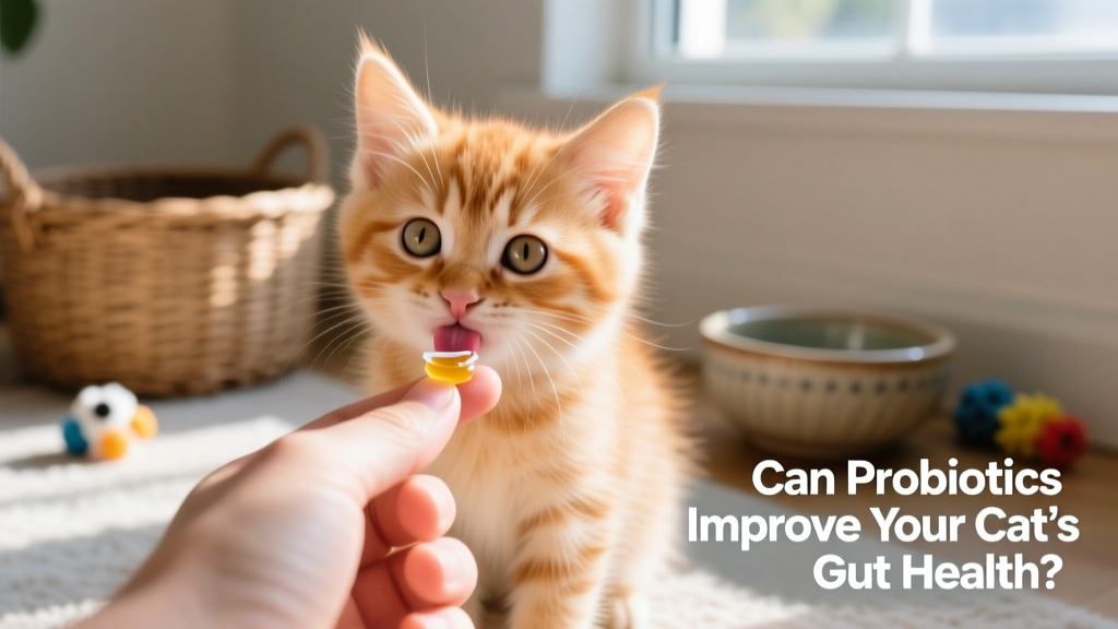 Kitten gently licking a probiotic gel from a fingertip