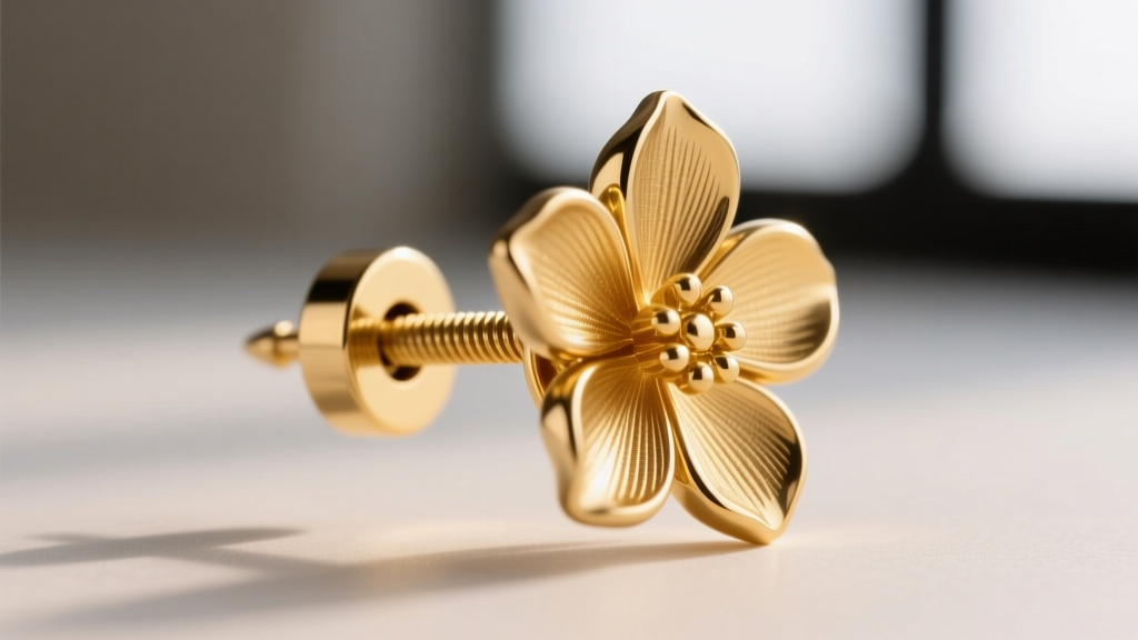 Macro photography of a 14k gold floral earring post and secure screw-back mechanism, showing the thick 1.2mm gauge wire clearly.