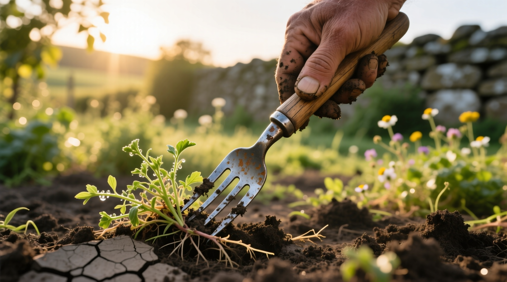 using fork to pull weeds