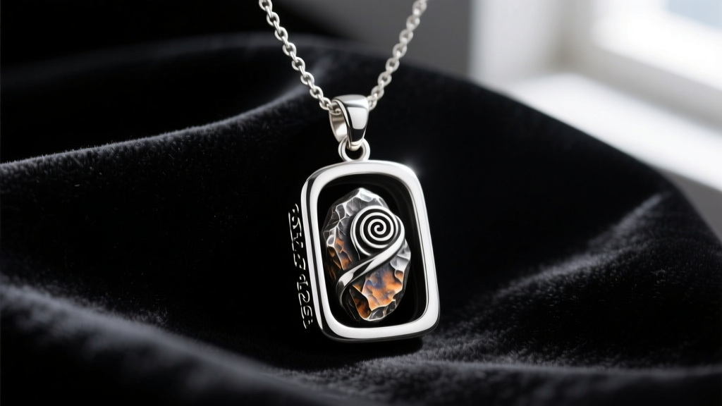 Close-up of a 925 sterling silver empty tomb necklace pendant with a rolled-away stone motif and oxidized detailing on dark velvet