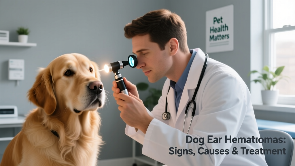 Veterinarian using an otoscope to examine a dog's ear canal during a clinical exam