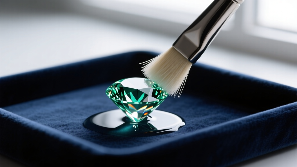 Macro shot of an emerald cut diamond cleaned with a non-ammonia surfactant solution and a soft horsehair brush on a velvet tray