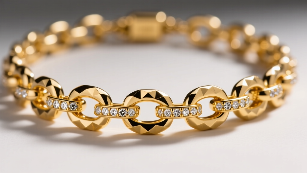 Macro shot of a 14k yellow gold San Marco necklace showing hollow, diamond-cut tubular links reflecting warm studio lighting.