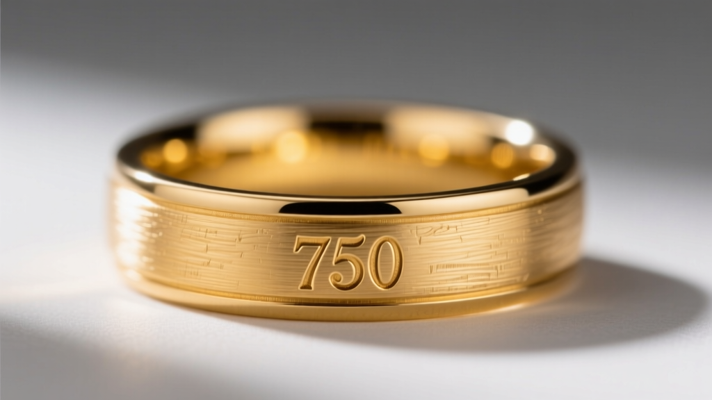 Close-up of a hallmark stamp reading 750 on the inner band of an 18k yellow gold wedding ring, captured with a macro jewelry lens