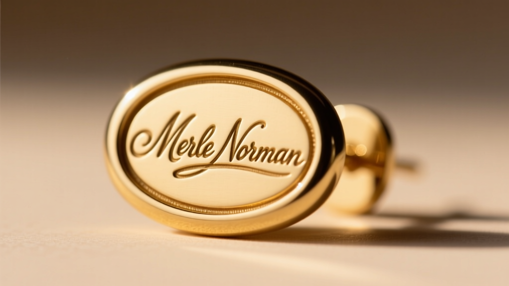 Close-up of a vintage Merle Norman earring hallmark showing the classic script logo engraved on a gold brass cartouche.