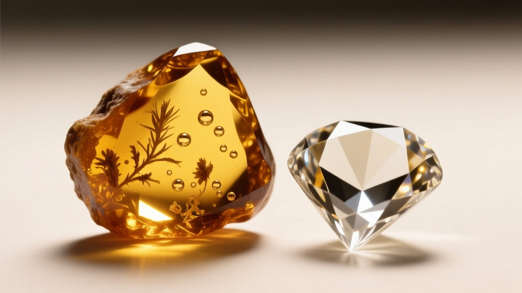 Macro shot of raw Baltic amber next to a faceted acrylic gem, showing inclusions and light refraction under warm studio lighting