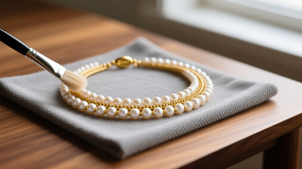 Soft brush dusting a multi-strand Cadoro pearl and gold bead necklace over a gray microfiber cloth on a wooden desk.