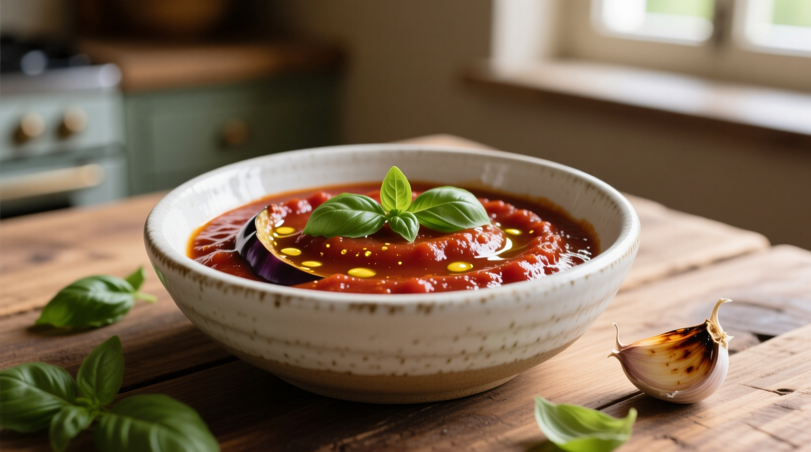 Creamy eggplant tomato sauce in white ceramic bowl
