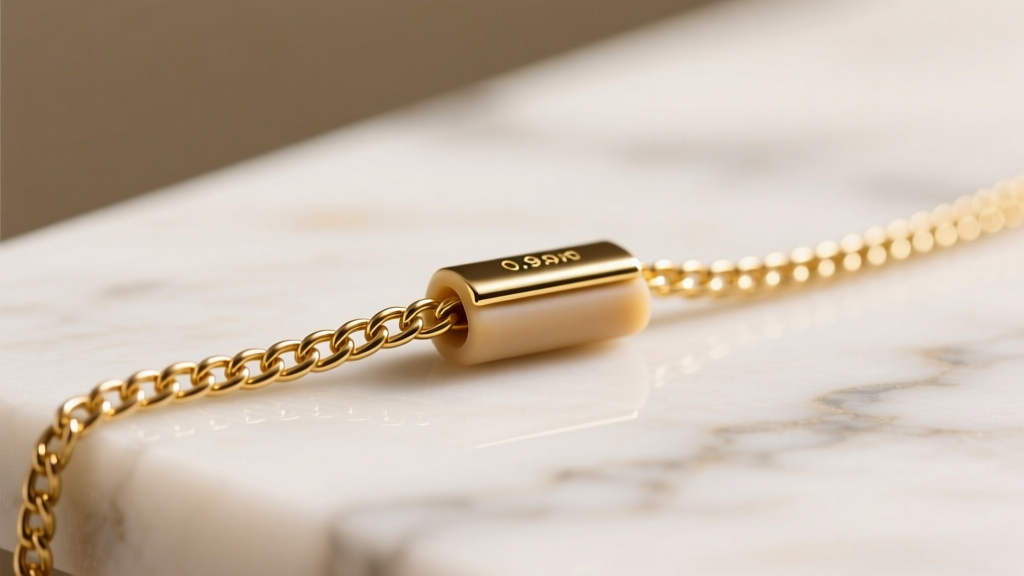 Close-up of a 0.9mm gold cable chain threaded through a silicone-lined necklace shortener slider resting on a white marble surface