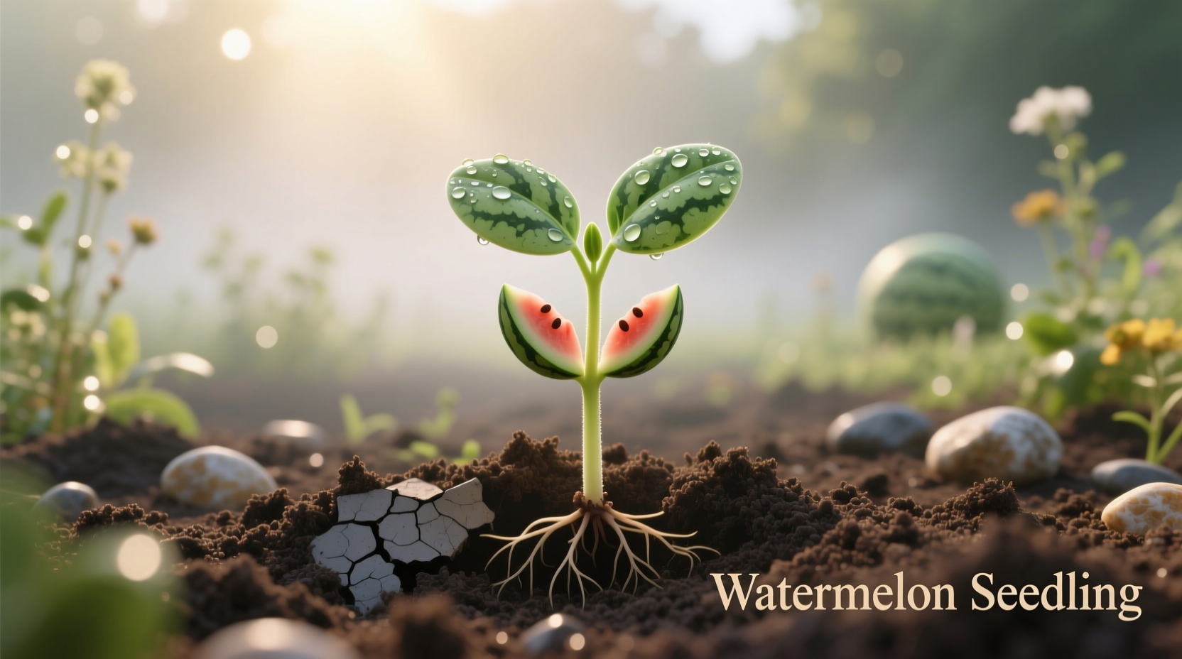 Watermelon seedling emerging from soil in garden