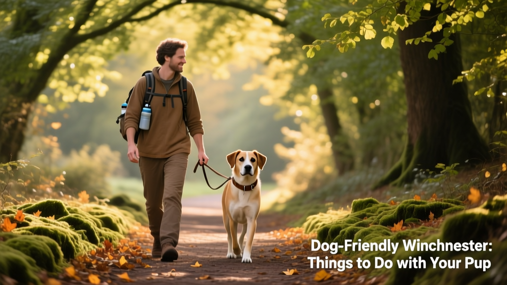 A pet parent and dog walking side-by-side along a shaded, leafy trail in Winchester.