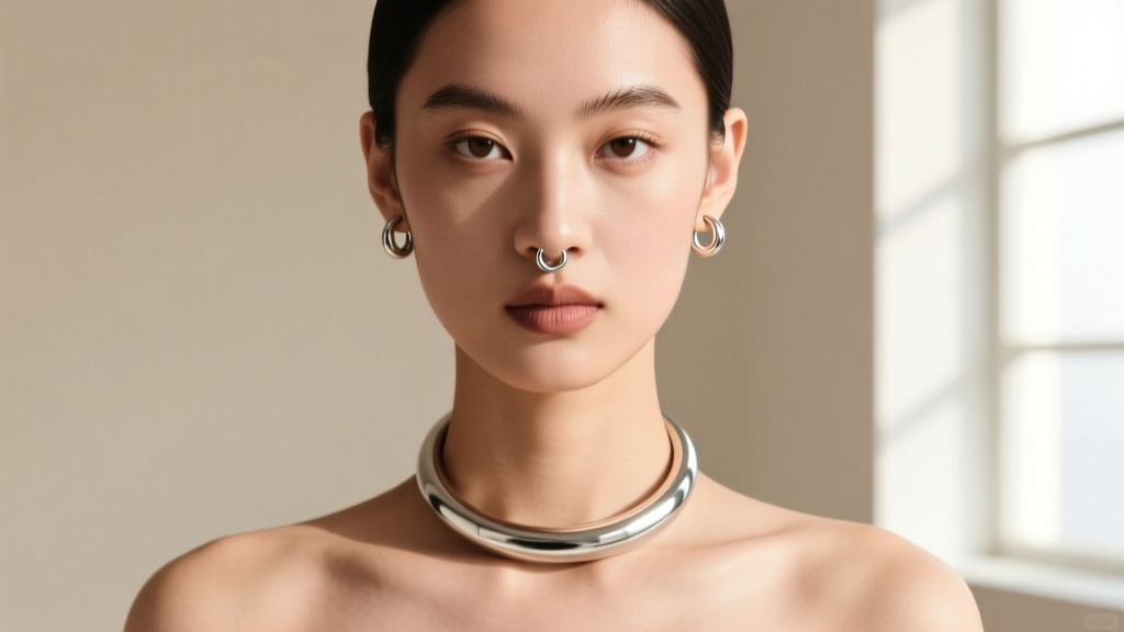 Front-facing portrait of a model wearing an 8-gauge silver torque necklace, showing the ideal two-finger gap at the collarbone.