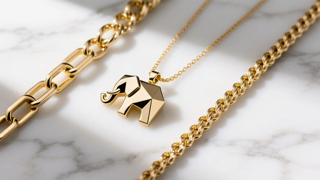 Flat lay of three gold chain styles including box, rope, and cable next to a geometric elephant pendant on a white marble surface.