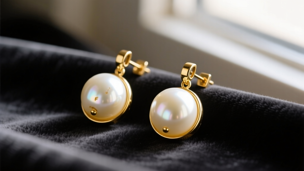 Close-up of vintage 1960s Marvella gold-tone clip-on earrings featuring large cream faux pearls resting on dark velvet fabric.