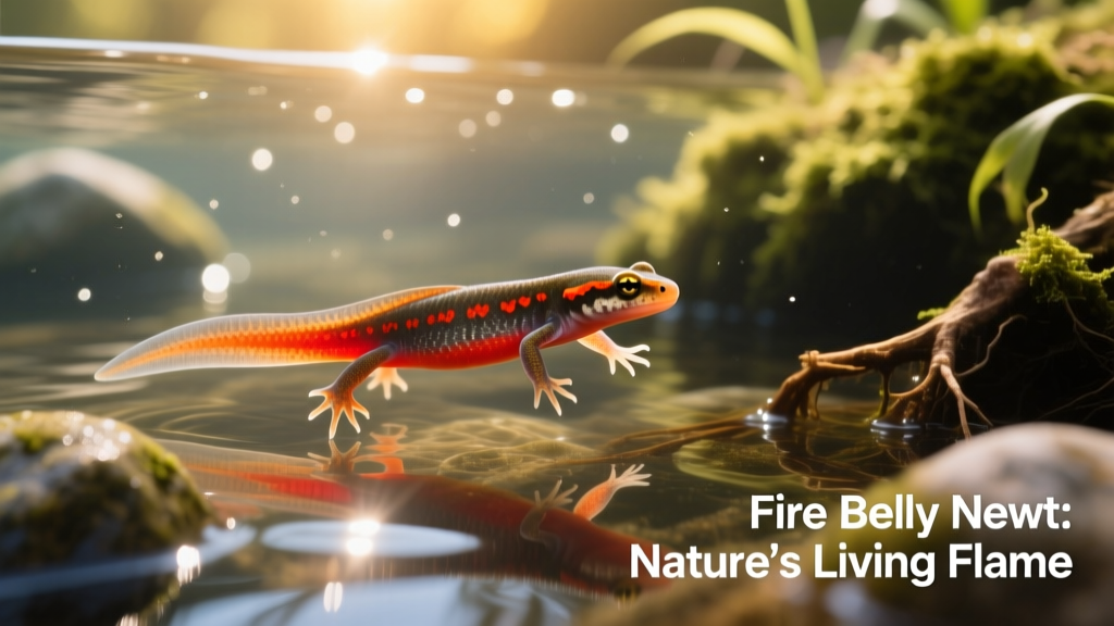 Japanese fire belly newt swimming underwater, showing vivid red-orange belly markings