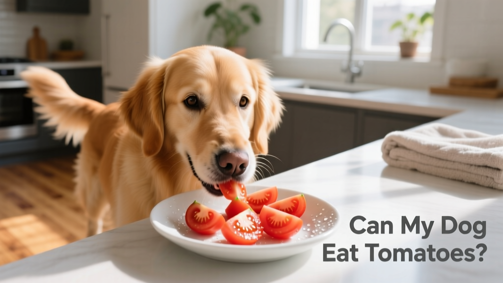 A dog happily eating a few small, washed tomato wedges from a clean ceramic dish