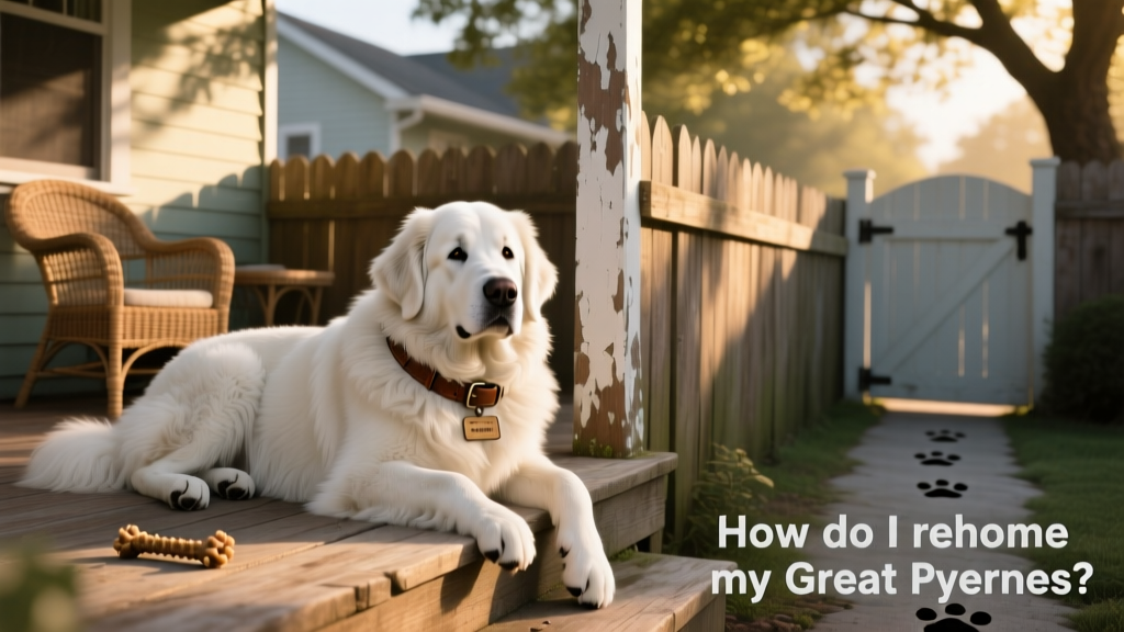 A calm, gentle Great Pyrenees resting beside a fenced backyard with a shaded porch