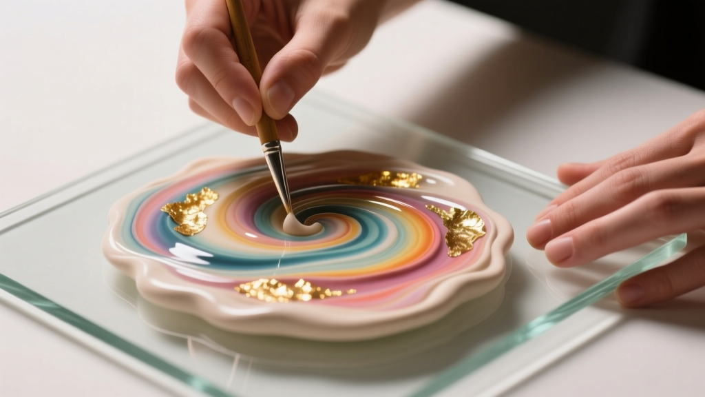 Hands blending Cernit clay on glass, showing marbling techniques with gold leaf inclusions illuminated by soft, warm studio lights
