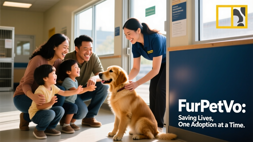 A joyful family adopting a dog from a FurPetVo shelter, with staff assisting