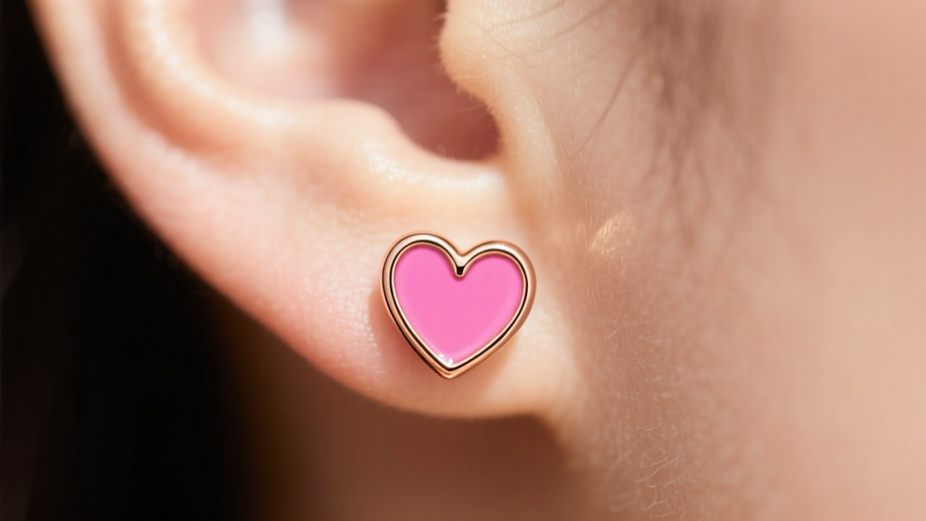 Close-up of an earlobe wearing a 14k rose gold pink enamel heart stud earring, soft natural sunlight, macro photography style.