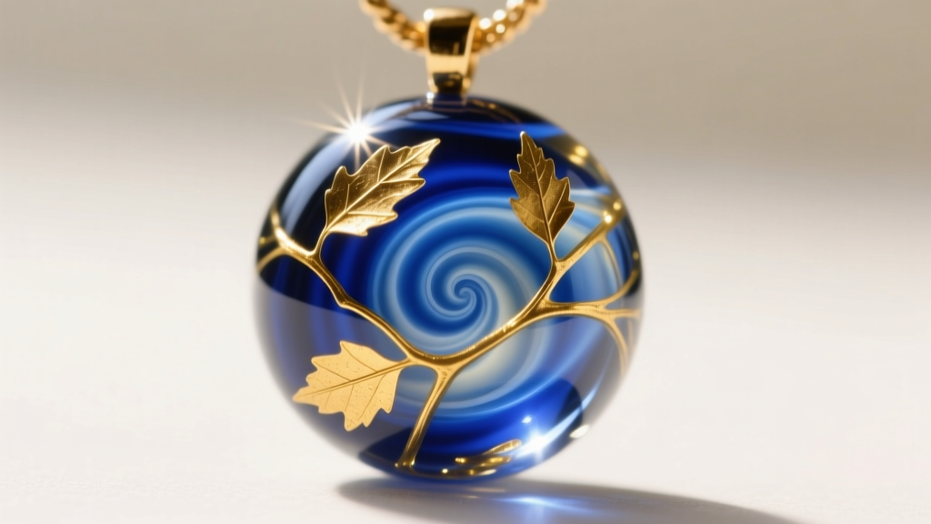 Macro shot of vintage Murano sommerso glass bead pendant showing gold leaf inclusions inside deep cobalt blue layered glass.