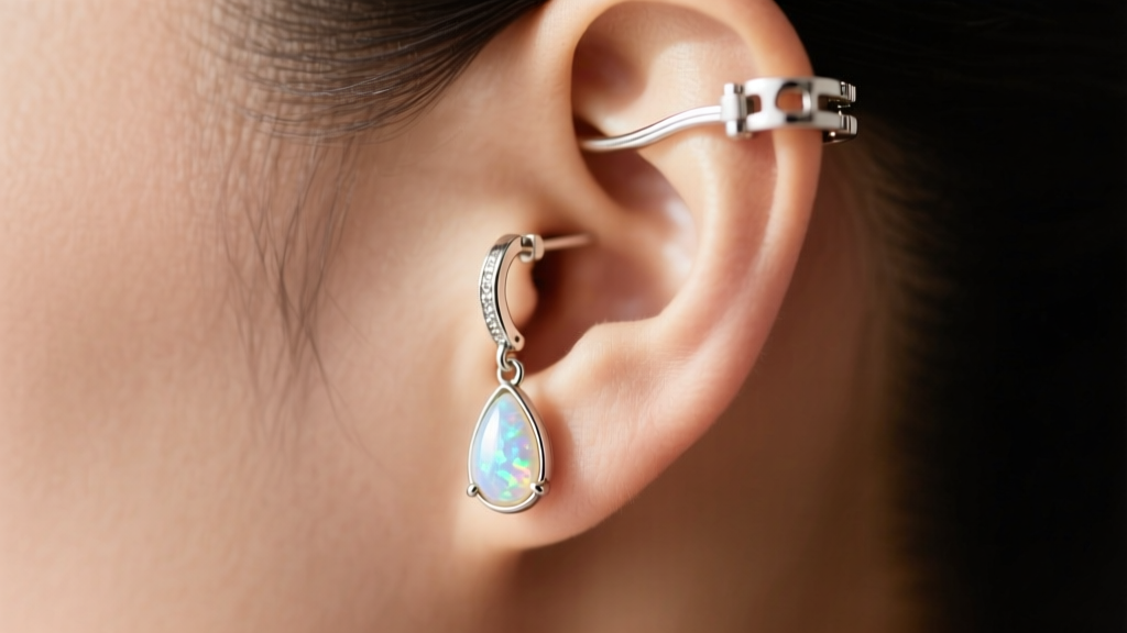 Side view of an ear wearing a silver leverback earring with a teardrop opal, highlighting the secure clasp in soft natural lighting