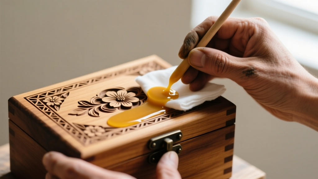 Hands applying natural beeswax polish with a soft cotton cloth onto the carved lid of a vintage cedar rustic jewelry box surface
