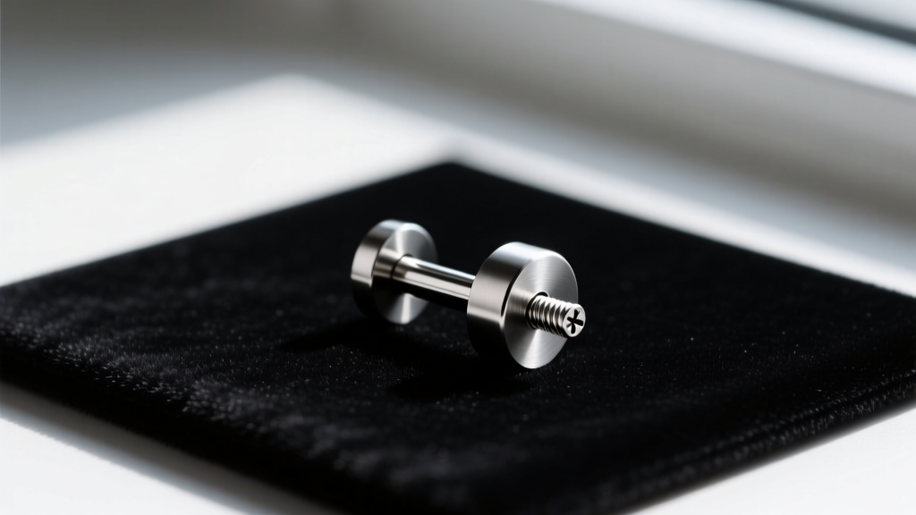 Macro shot of a 14-gauge titanium flat-back labret post with a screw-on lock backing, resting on a dark velvet mat.