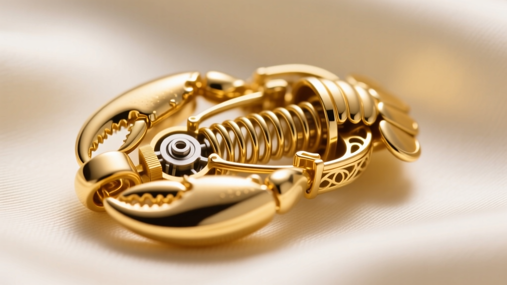 Extreme close-up of a 14k yellow gold lobster clasp internal spring mechanism inspected with a jeweler's loupe under bright light