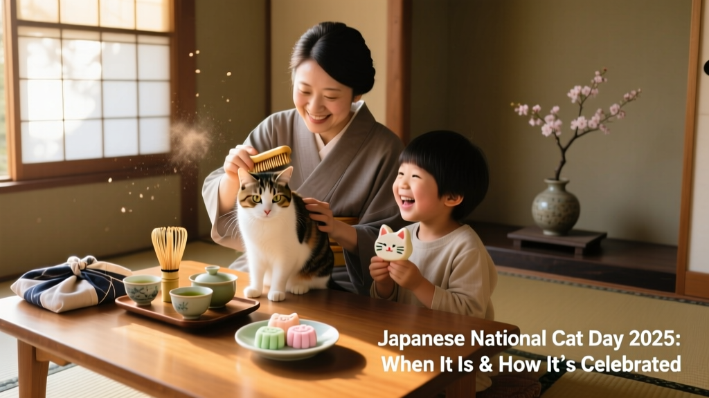 A cozy indoor scene: a Japanese family gently brushing their calico cat beside a low table with matcha tea and cat-shaped sweets