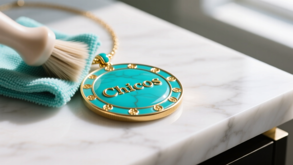 Microfiber cloth polishing a large faux-turquoise and gold-tone coin medallion from a Chicos necklace on a white marble counter.