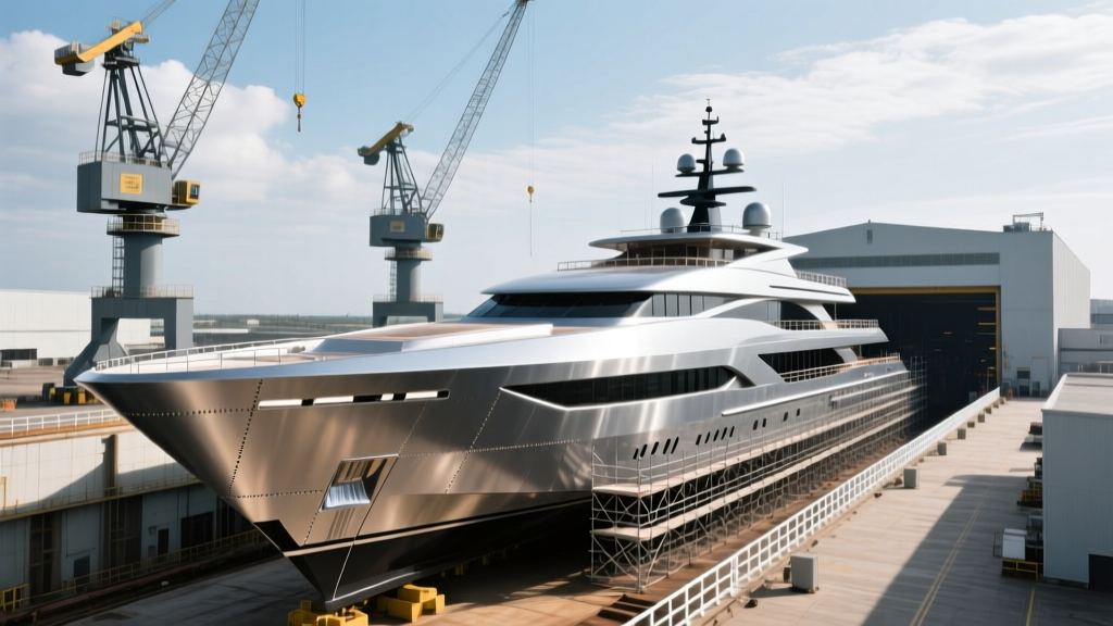 Aerial view of an 80-meter custom steel-hull superyacht in a drydock shipyard, surrounded by scaffolding and marine construction cranes