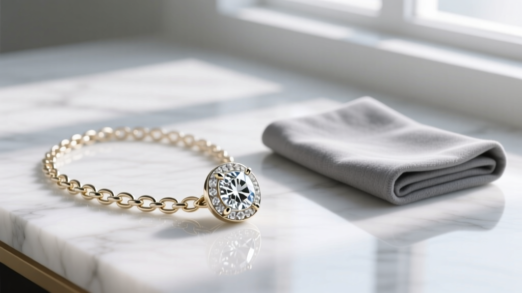 White gold chain and diamond bezel pendant resting flat on white marble next to a folded gray microfiber jewelry cleaning cloth.