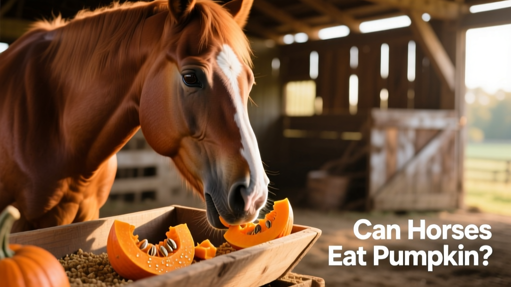 A horse gently eating fresh, orange pumpkin chunks from a feed pan