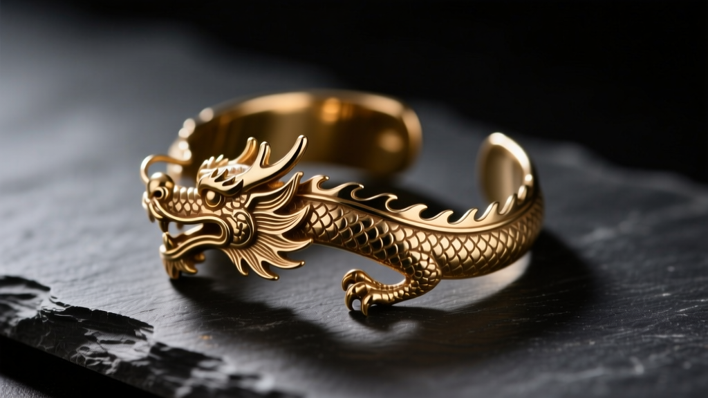 Soft brush cleaning deep crevices of a brass dragon ear cuff on dark slate under warm, directional studio lighting.