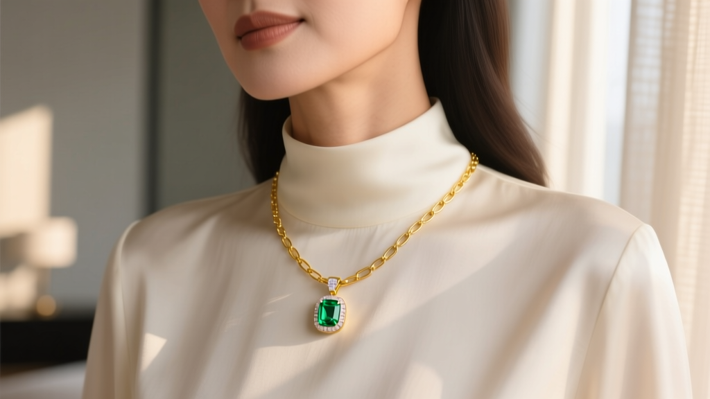 18k yellow gold paperclip chain with bezel-set emerald pendant resting on the collarbone of a stylish mother in soft light